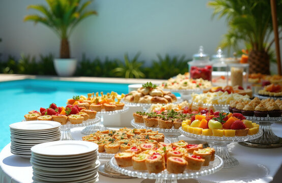 Elegant catering buffet setup near sunny outdoor swimming pool. Gourmet snacks, fresh fruit desserts served on crystal glass stands for party guests. Pro table arrangement features plates, variety of