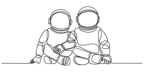 Two astronauts sitting together continuous line art drawing © MituRani