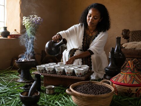Traditional Ethiopian coffee ceremony with jebena pot and incense