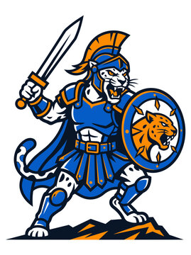 A vector style graphic illustration of a fierce panther mascot dressed as a gladiator or warrior. The character wears blue and orange armor, a helmet with a crest, and holds a silver sword and a