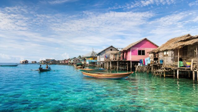 Traditional wooden stilt houses over turquoise water in coastal village