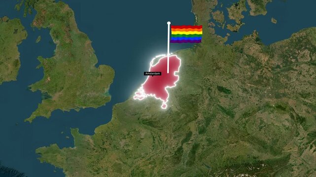 3D Satellite Map Zoom to Netherlands with Amsterdam Label and LGBTQ Rainbow Pride Flag