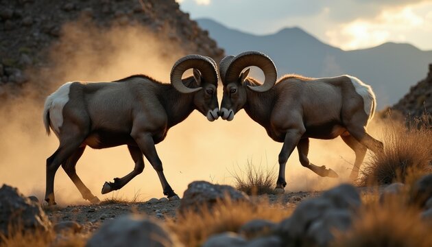 Two bighorn rams lock horns in dramatic mountain duel. Wild sheep clash heads on rugged rocky terrain during sunset. Dusty landscape surrounds powerful animals fighting for dominance. Intense male