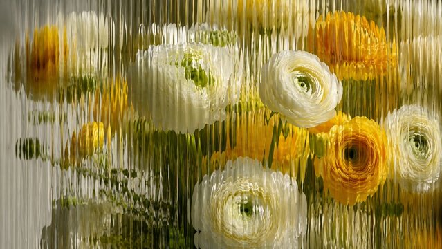 Yellow and white ranunculus through ribbed glass in an artistic floral slow life concept with luminous dopamine colors, creating a cottagecore background for interiors and botanical branding.