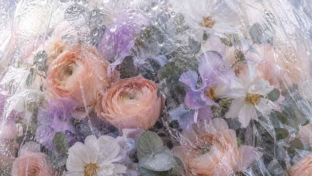 Pastel ranunculus, cosmos and sweet peas bloom beneath wet plastic in an artistic floral slow life scene with gentle dopamine colors, made as a cottagecore background for wedding and wellness design.