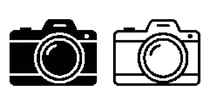 Photo Camera Icons in Black Pixel Vector Style