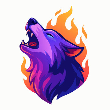 Howling wolf head illustration with fiery flames background, illustration