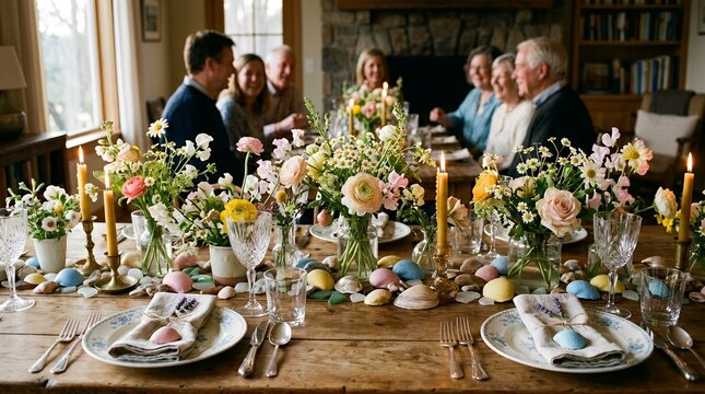 Festive spring tablescape arranged for a family gathering featuring colored shells and fresh blooms in warm illumination  easter dinner table decoration setup eggs dyed natural plate