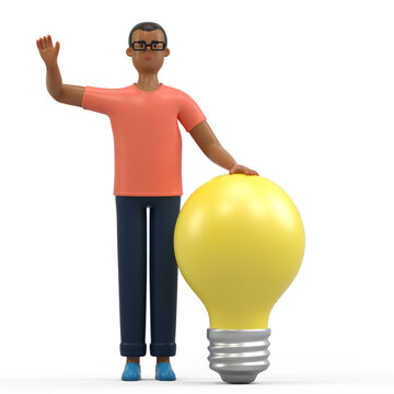 A man leans on a large light bulb