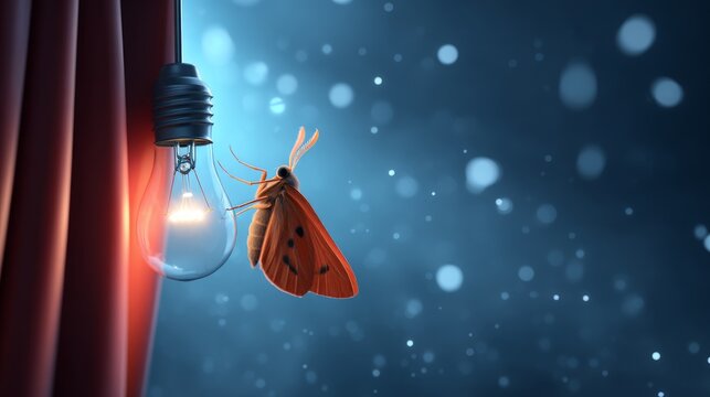 Close-up view of orange moth landing on glowing light bulb in dark room