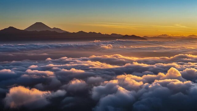 Sunrise loop light spreads across cloud tops shadows shift gently over distant horizon view