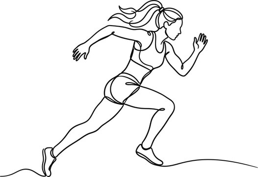 Continuous line drawing of a female runner sprinting.