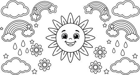 Obraz premium Joyful smiling sun surrounded by happy fluffy clouds, vivid rainbow arches, falling raindrops, and pretty blooming flower blossoms.