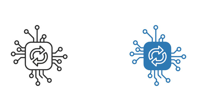 Digital microprocessor chip icon with circular refresh arrows for data processing and system synchronization concepts in minimalist vector graphic isolated on a clean white background design