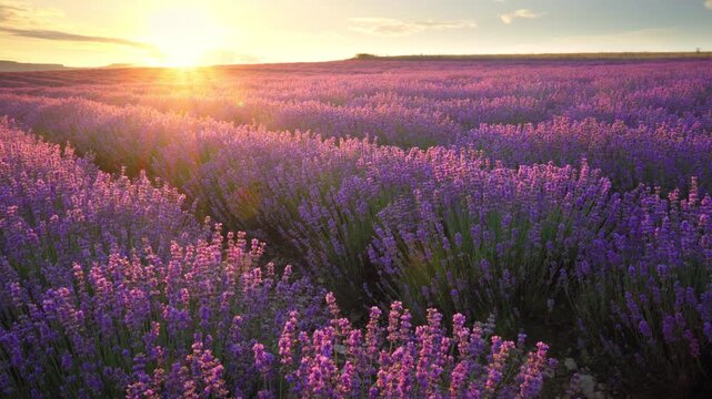 Scenic panning shot of beautiful blooming lavender field landscape with purple flowers swaying in the wind at sunset. Cinematic countryside nature footage under a warm evening sky.