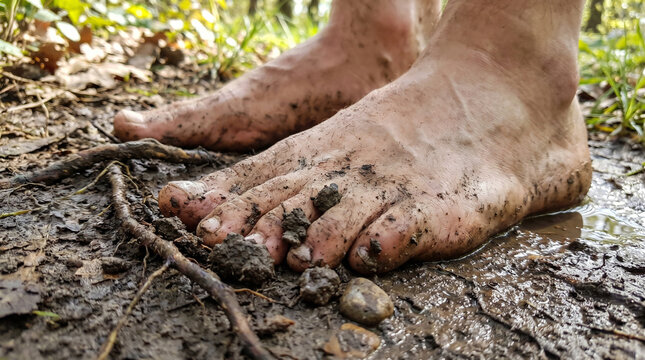 Close-Up of Mud-Covered Feet Walking Barefoot on Forest Floor