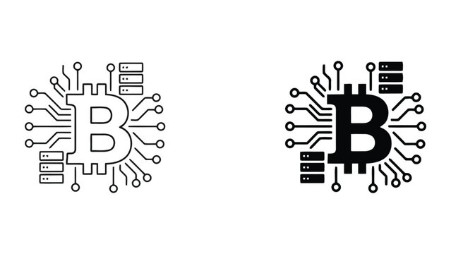 Bitcoin cryptocurrency blockchain network technology icon with circuit board patterns and server nodes in professional line and solid vector style for digital finance and fintech business graphics
