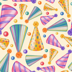 Obraz premium Watercolor seamless pattern with festive party hats and colorful confetti. Hand drawn birthday background for kids holiday, wrapping paper, birthdays, party invitations, children's design, card making