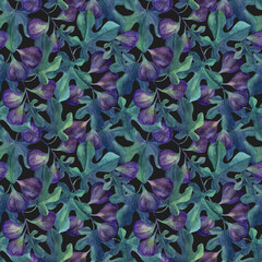 Watercolor green fig leaves and purple fig fruits on black seamless pattern. Botanical background.