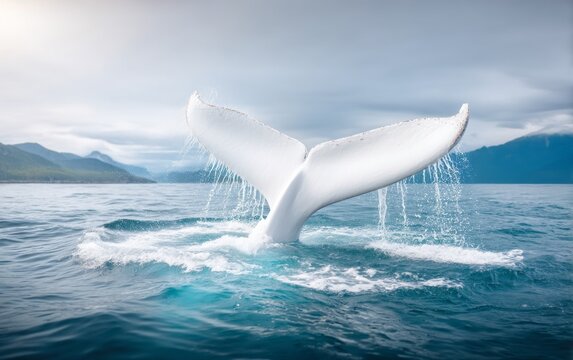 White whale tail splashing water above ocean surface with mountain background