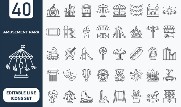 Amusement park line editable icon set. featuring Circus, roller coaster, ferris whell, street food, and more. Editable stroke. Vector illustration