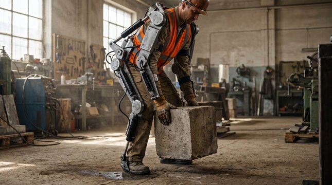Worker using robotic exoskeleton lifting concrete block