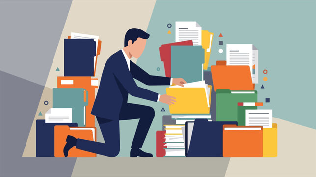 Vector illustration showing a document hierarchy structure with organized folders and digital file icons arranged in a systematic management flow for information archiving.