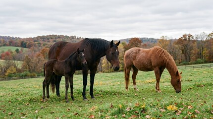 Naklejka premium Young Dark Newborn Foal Standing Next to Its Mother Mare and Companion Horse in Green Meadow Under Overcast Autumn Sky foal mare horse mother baby newborn animal companion herd pasture