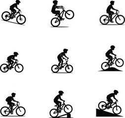 Fototapeta premium Bicycle Rider Silhouettes On White Background Various Cycling Positions