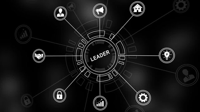 Dynamic digital interface featuring central leader concept surrounded by interconnected business management strategy infographic, corporate leadership network animation for tech presentations