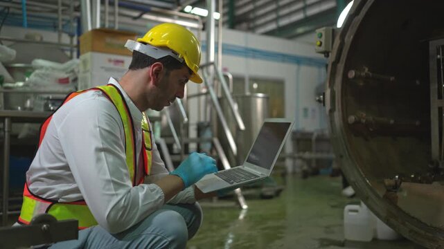 Engineer using laptop to monitor chia seed fruit juice production machinery in automated beverage factory system
