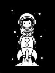 Cute Kid Astronaut Riding Rocket in Space Cartoon Vector Silhouette Illustration © Ahmad