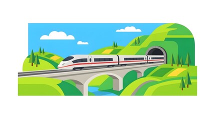 Fototapeta premium Modern flat vector illustration of a high-speed passenger train crossing a bridge through green hills and countryside landscape. Suitable for transportation, railway, mobility, infrastructure, and tra