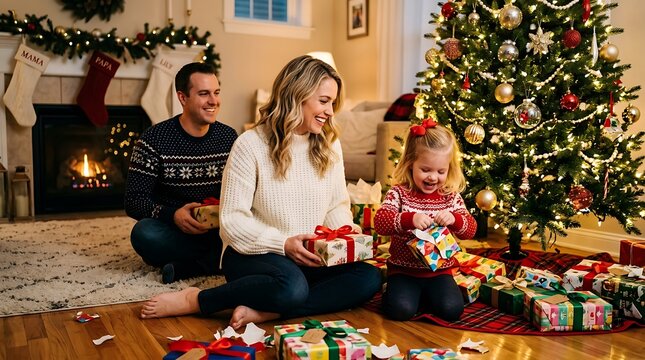 Little girl excitedly unwraps christmas present with parents watching by tree.