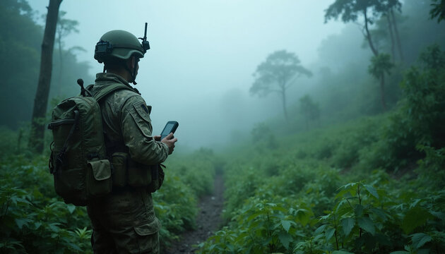 Soldier in camouflage gear holds digital GPS device in deep jungle. Military personnel navigate through thick fog on forest trail. Armed commando uses tactical tech for mission location tracking in