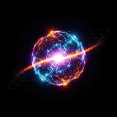 Fototapeta premium Luminous energy sphere floating in deep space with vibrant swirling particles and glowing light trails against a dark black background, burst, cosmic, light