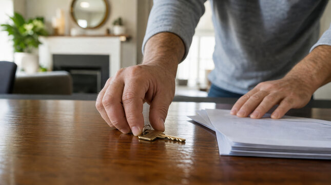 House key on wooden table with mortgage papers and homeowner hand placing keys in domestic interior conveying responsibility and relief