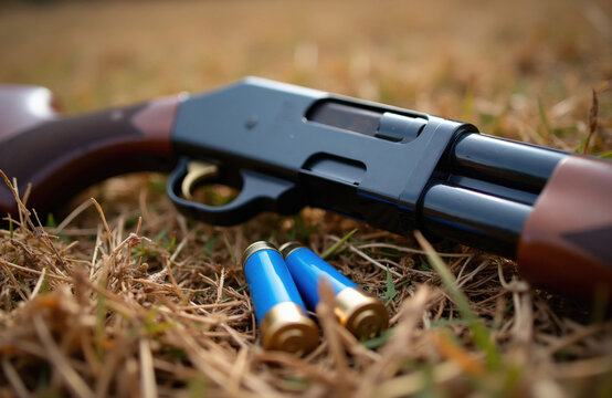 Pump action shotgun rests on dry brown autumn grass. Two blue plastic ammunition shells lie next to firearm receiver. Close up view shows wooden stock, metal barrel outdoors during hunting season.