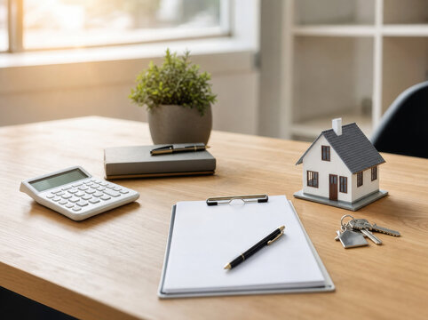 Modern mortgage workspace with calculator contract clipboard pen house model and keys on wooden desk in bright office light conveying planning and financial decision making