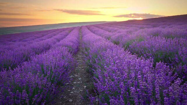 Scenic panning shot of beautiful blooming lavender field landscape with purple flowers swaying in the wind at sunset. Cinematic countryside nature footage under a warm evening sky.