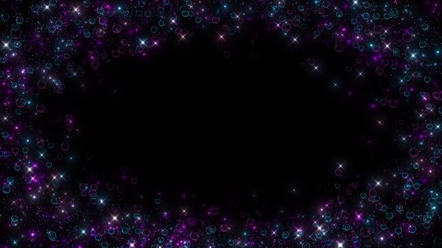 Purple cyan bubble border black background with glittering stars, neon circles, empty center space. party videos, celebration intros, wedding greetings, music visuals, festive promos, motion overlays.