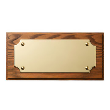 A wooden plaque with a gold plate mounted on it, secured by four screws.