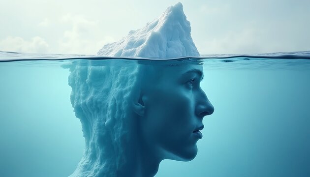 Iceberg shaped like human head above and below water. Visible part of head shows conscious thoughts. Hidden mass represents subconscious mind. Symbolizes hidden depths of psyche and mental awareness.
