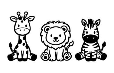 Fototapeta premium Cute Safari Animals Giraffe Lion Zebra Vector Coloring Page Line Art