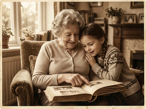 Elderly woman sitting in a comfy chair showing an old photo album to her granddaughter.