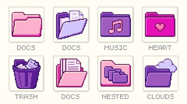 8-bit pixel art folder icons. Retro computer file directory symbols for UI design.
