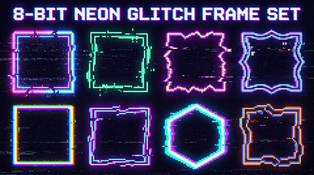 8-bit neon glitch frames set. Retro digital border collection with glowing pixel effects.