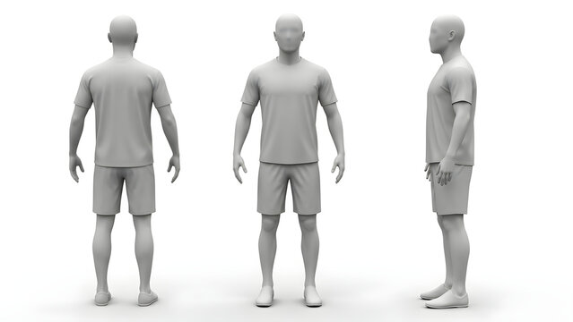 Three dimensional grey human figure model in athletic t-shirt and shorts shown from front back and side views for character design reference