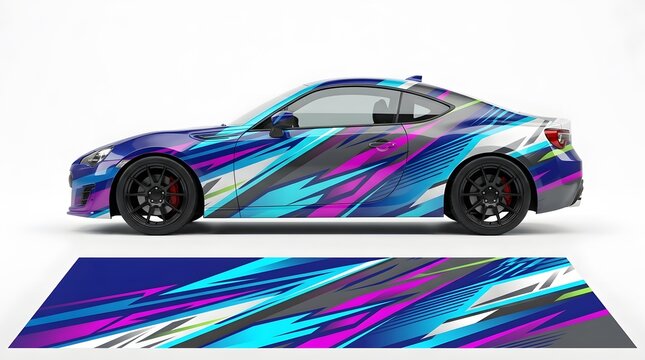 Dynamic Abstract Wrap Design for Sports Car - Vibrant Blue, Pink, and Teal Graphics