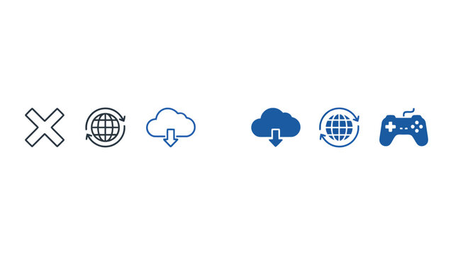 Modern blue UI icon set featuring cross globe cloud download and gamepad controller for web navigation and gaming platforms